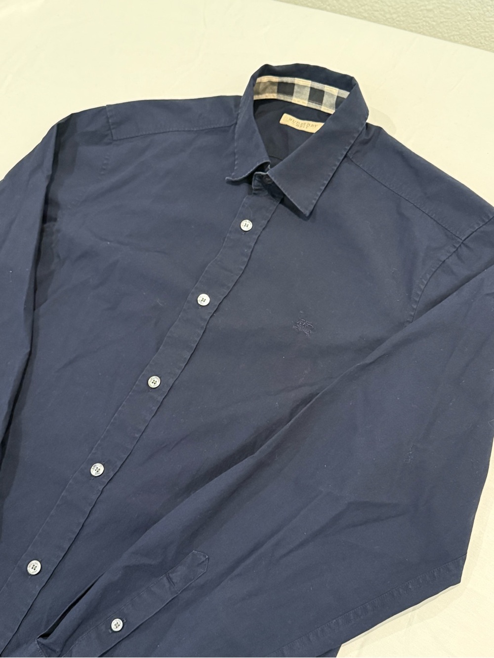 Burberry Brit Shirt Mens M Navy Blue Nova Check Cuffs Button Down Long Sleeve